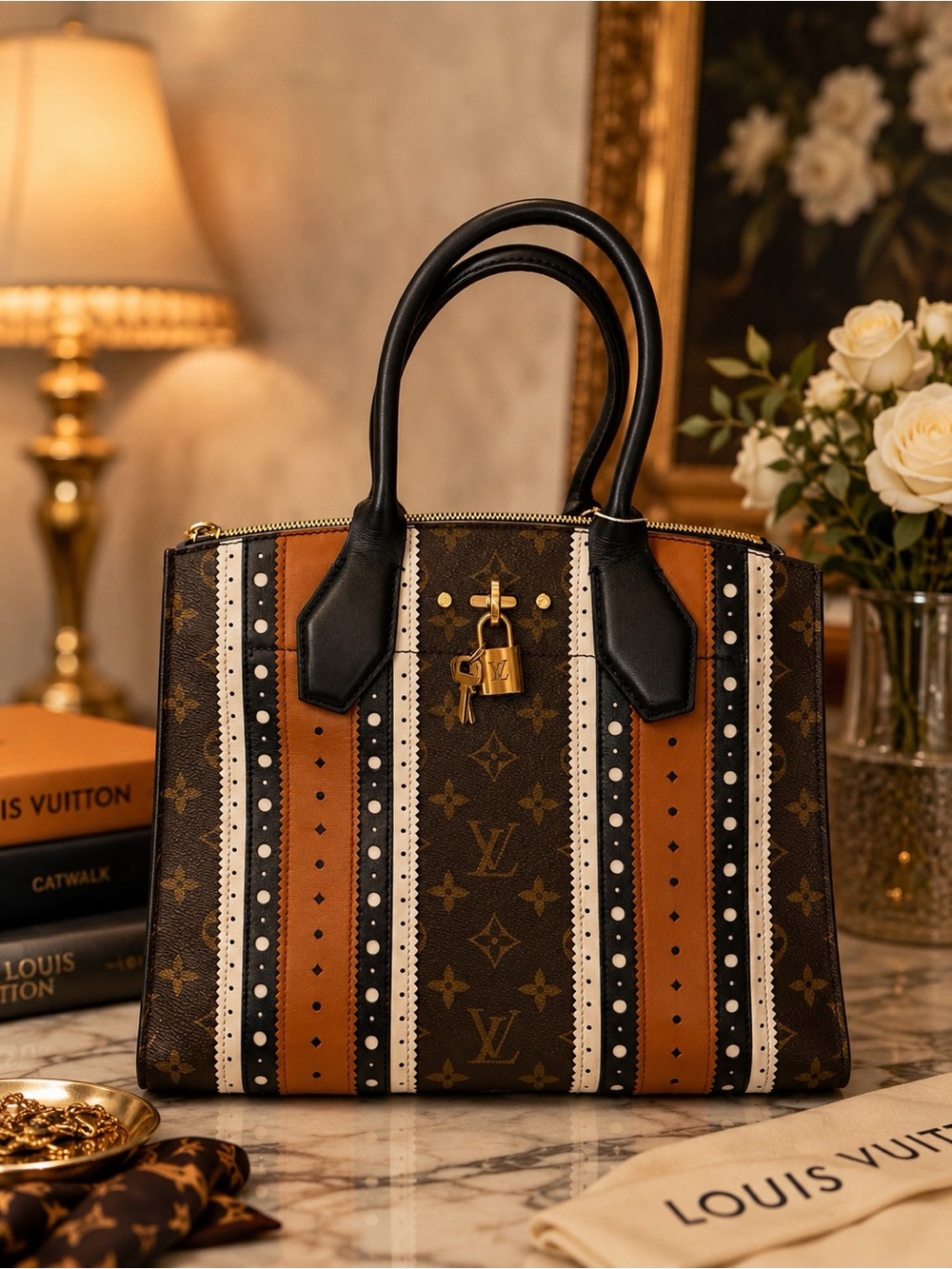 Louis Vuitton Monogram Satchel with Black, Brown and White Stripes